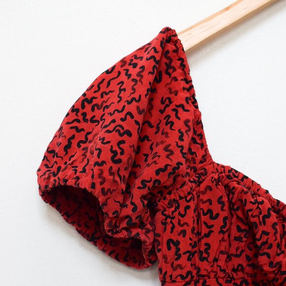 Realisation Par Venus Silk Mini Dress in Red Squiggle A-Line Puff Sleeve Sz XXS - Picture 7 of 13